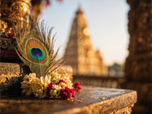 peacock-feather-floral-garland-temple-setting